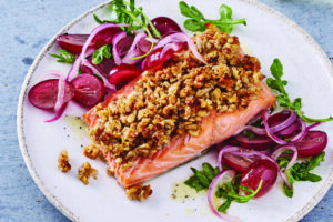 Walnut Sunflower-Crusted Salmon with Honey-Lemon Grapes