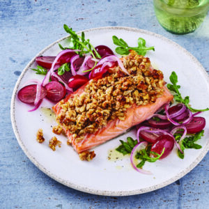 Walnut Sunflower-Crusted Salmon with Honey-Lemon Grapes