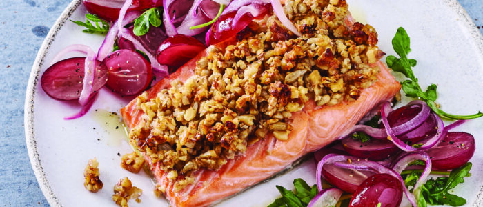 Walnut Sunflower-Crusted Salmon with Honey-Lemon Grapes