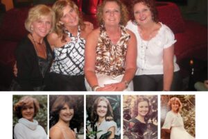 Pictured above as seniors in high school and at top in a more recent photo: Cyndi Morrow Hunter, Martie Parcus Smith, Monica Griggs Walker, Peggy Fergeson Cole and Dorothy Rowell Young (not pictured in top photo, but included in photo on next page).