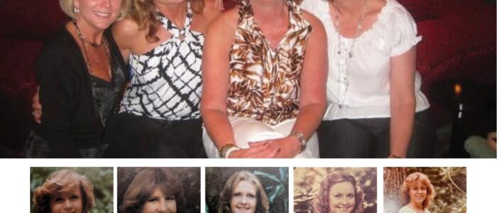 Pictured above as seniors in high school and at top in a more recent photo: Cyndi Morrow Hunter, Martie Parcus Smith, Monica Griggs Walker, Peggy Fergeson Cole and Dorothy Rowell Young (not pictured in top photo, but included in photo on next page).